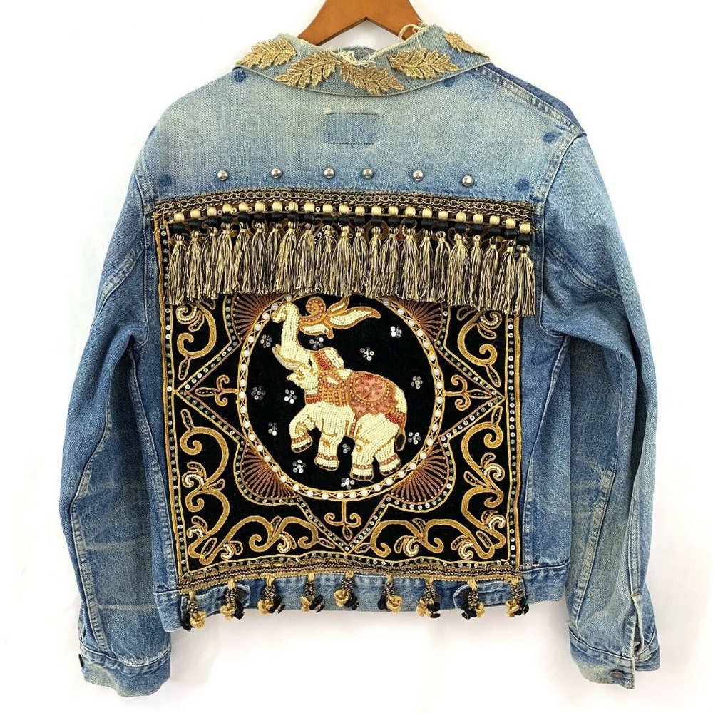 Vintage Upcycle Embellished Elephant Boho Denim Jacket